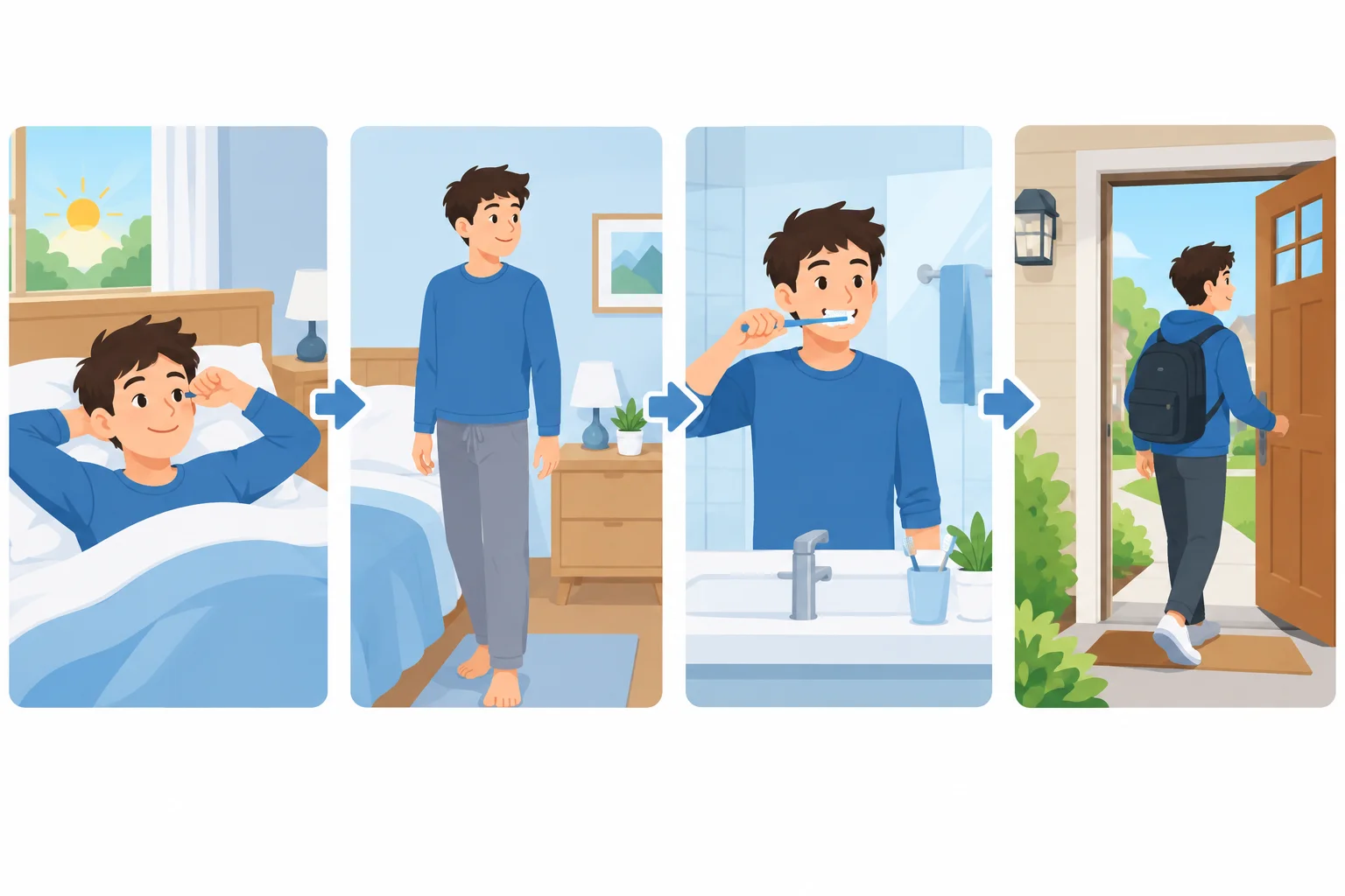 Quatro cenas conectadas por setas: acordar, levantar-se, escovar os dentes e sair de casa.