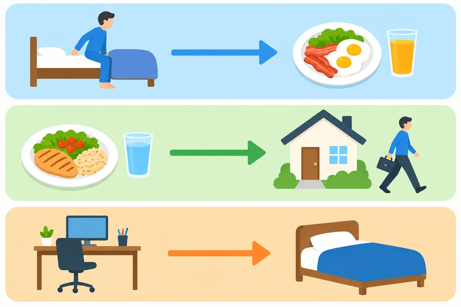 Três linhas do tempo: levantar-se antes do café da manhã, sair de casa depois do almoço e ir para a cama depois do trabalho.