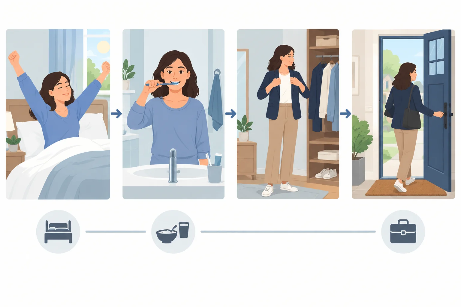 Diagrama com a mesma mulher em quatro momentos da rotina: acordar, escovar os dentes, vestir-se e sair de casa.