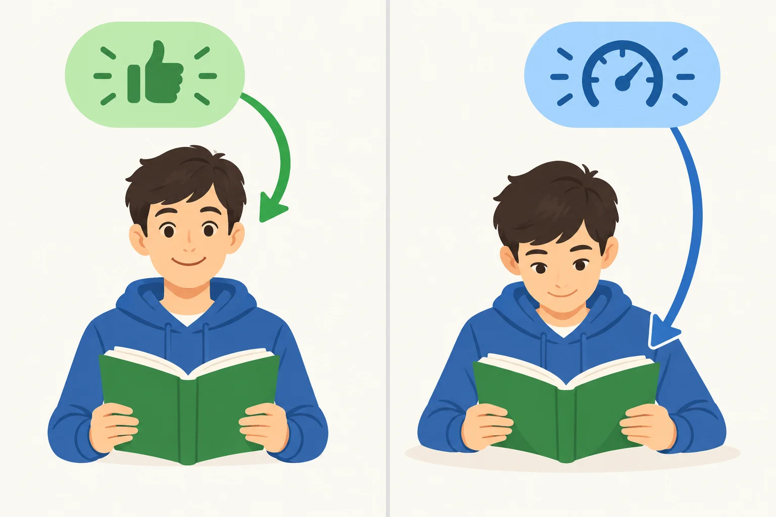 Comparação visual: good aponta para a pessoa leitora; well aponta para a ação de ler.