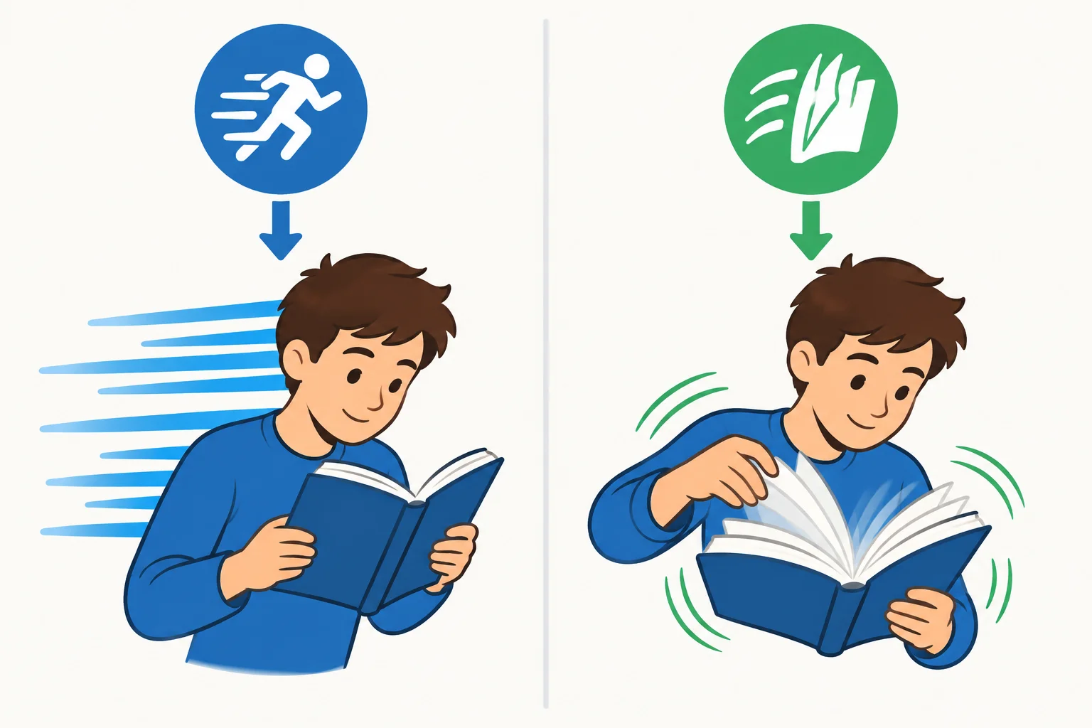 Comparação visual entre fast descrevendo um leitor e fast descrevendo a ação de ler.