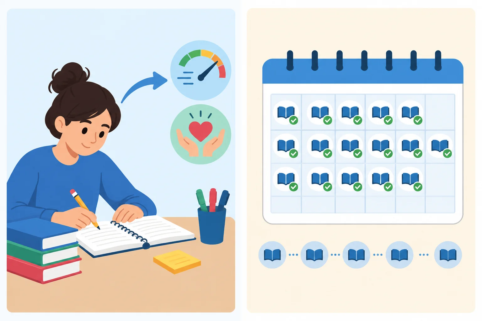 Comparação visual entre a maneira de estudar e a repetição dos estudos no calendário.