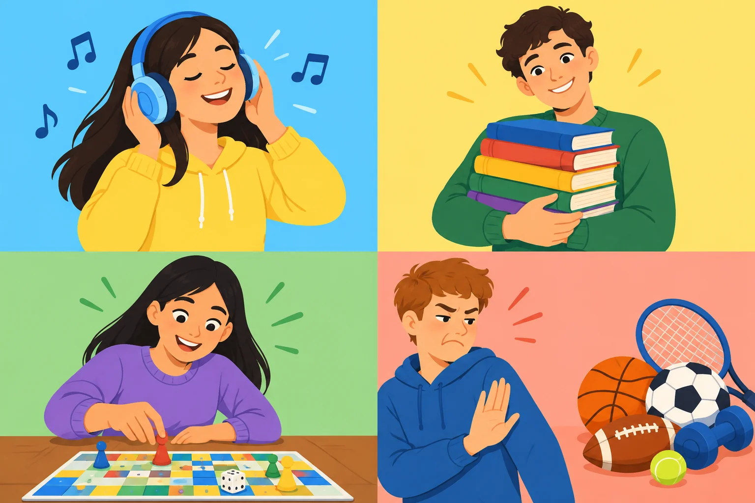 Quatro situações: gostar de música, adorar livros, sentir prazer com jogos e rejeitar esportes.