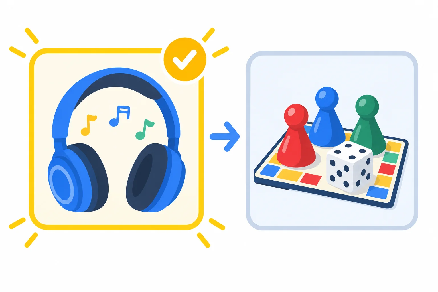 Dois cartões mostram música e jogos; música está destacada como a opção preferida.