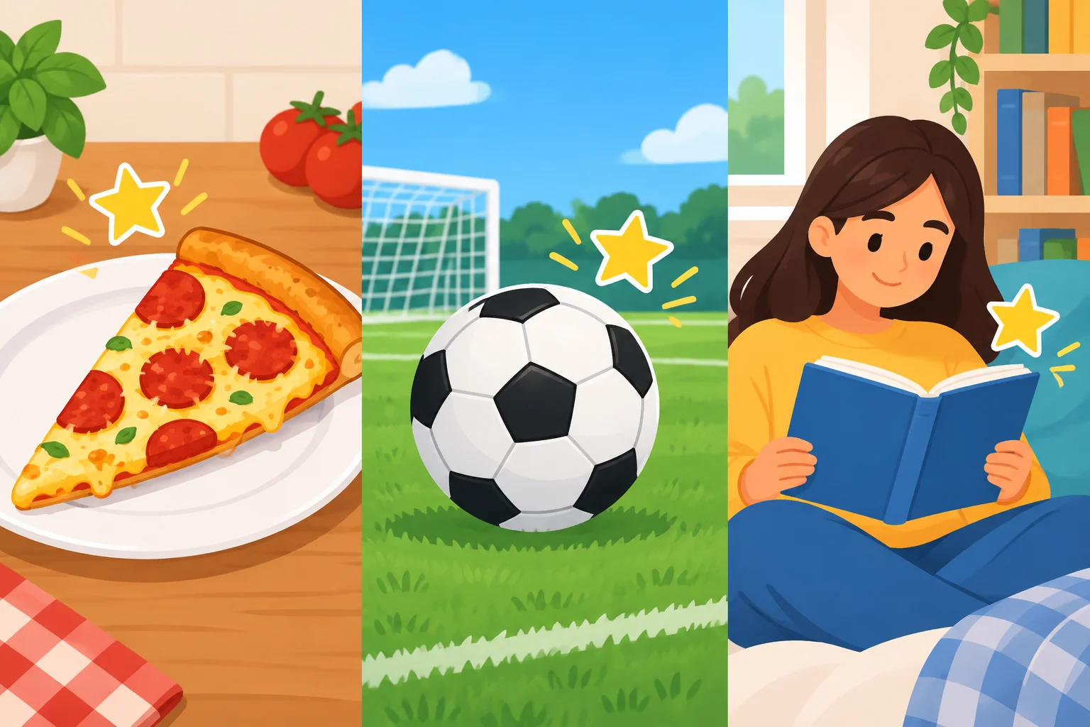 Três painéis ilustram pizza como comida, bola de futebol como esporte e leitura como atividade; uma estrela destaca uma opção em cada categoria.