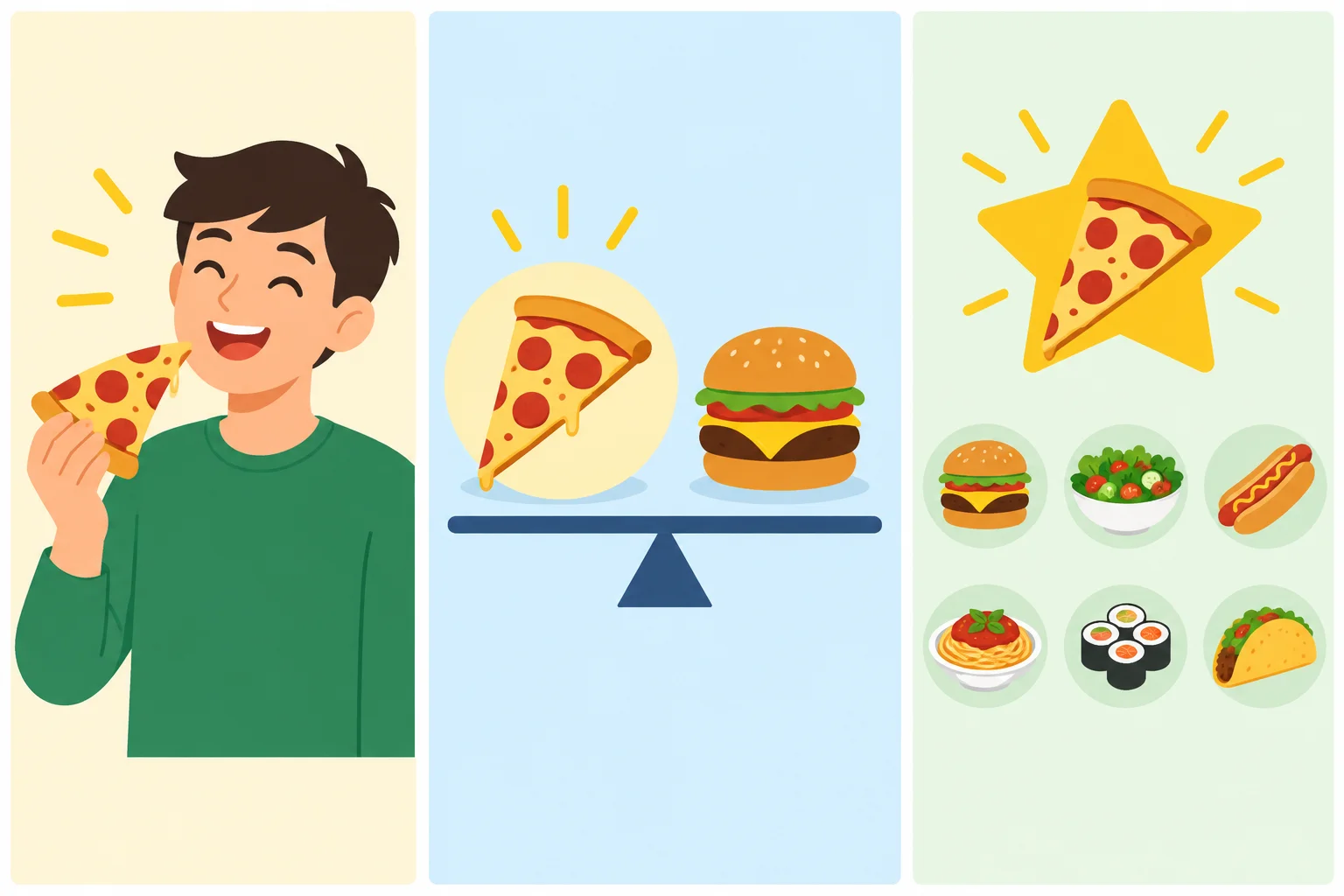 Três painéis: gostar de pizza, preferir pizza a hambúrgueres e escolher pizza como favorita entre vários alimentos.