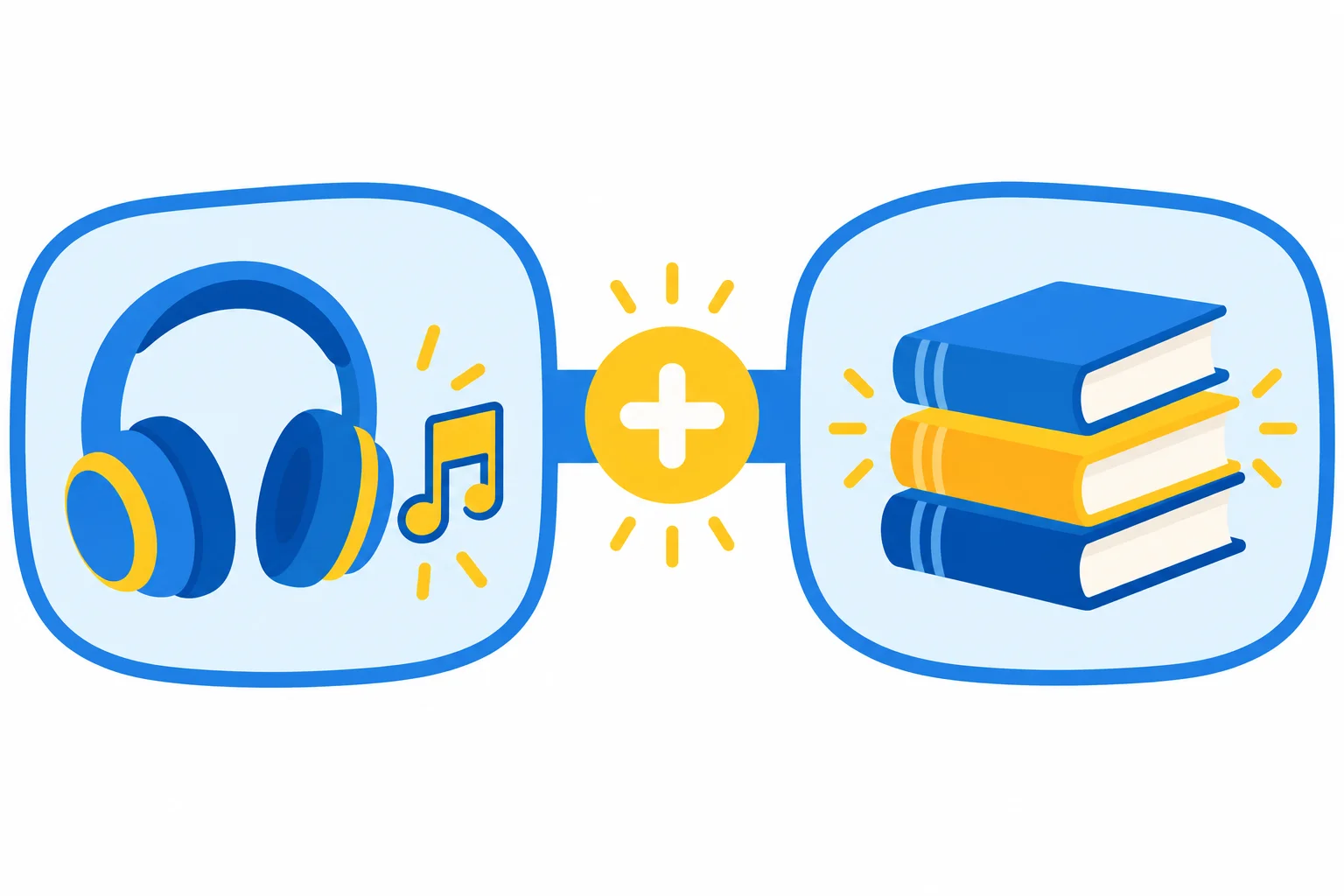 Dois blocos, um com música e outro com livros, unidos por uma ponte que representa adição.