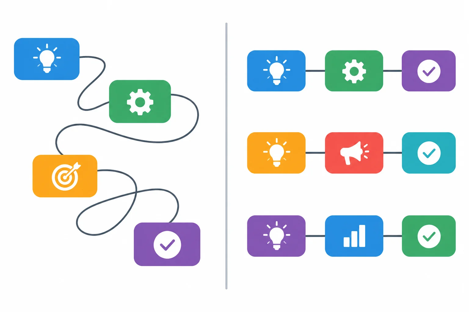 Comparação entre uma sequência longa e confusa de blocos de ideias e uma versão dividida em grupos claros, com o motivo ligado à ação correspondente.