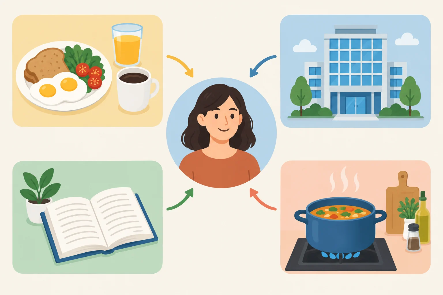 Diagrama com uma pessoa ligada a quatro blocos visuais: café da manhã, trabalho, leitura e preparo de comida.