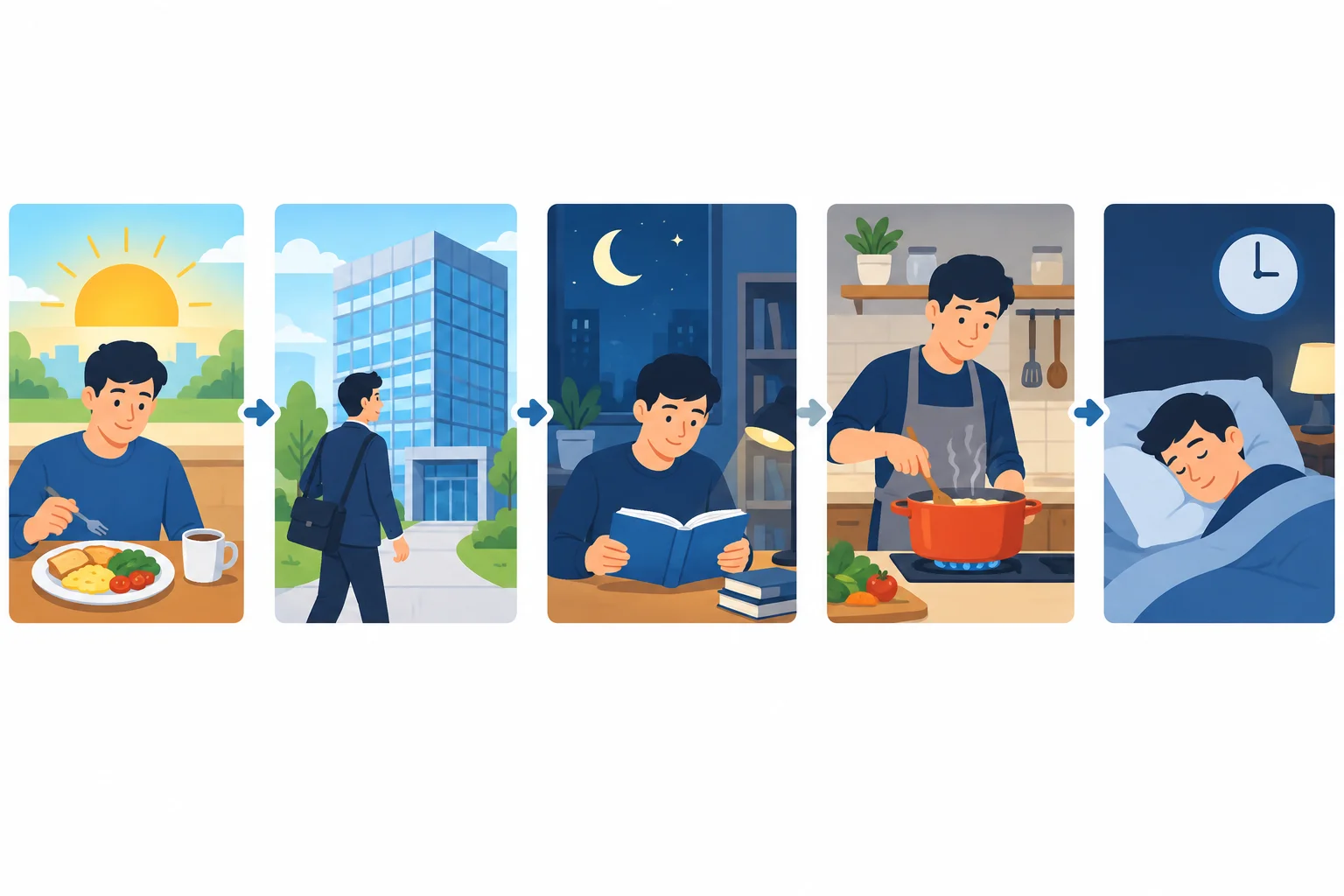Linha visual da rotina: café da manhã e trabalho durante o dia; leitura, preparo do jantar e cama à noite.
