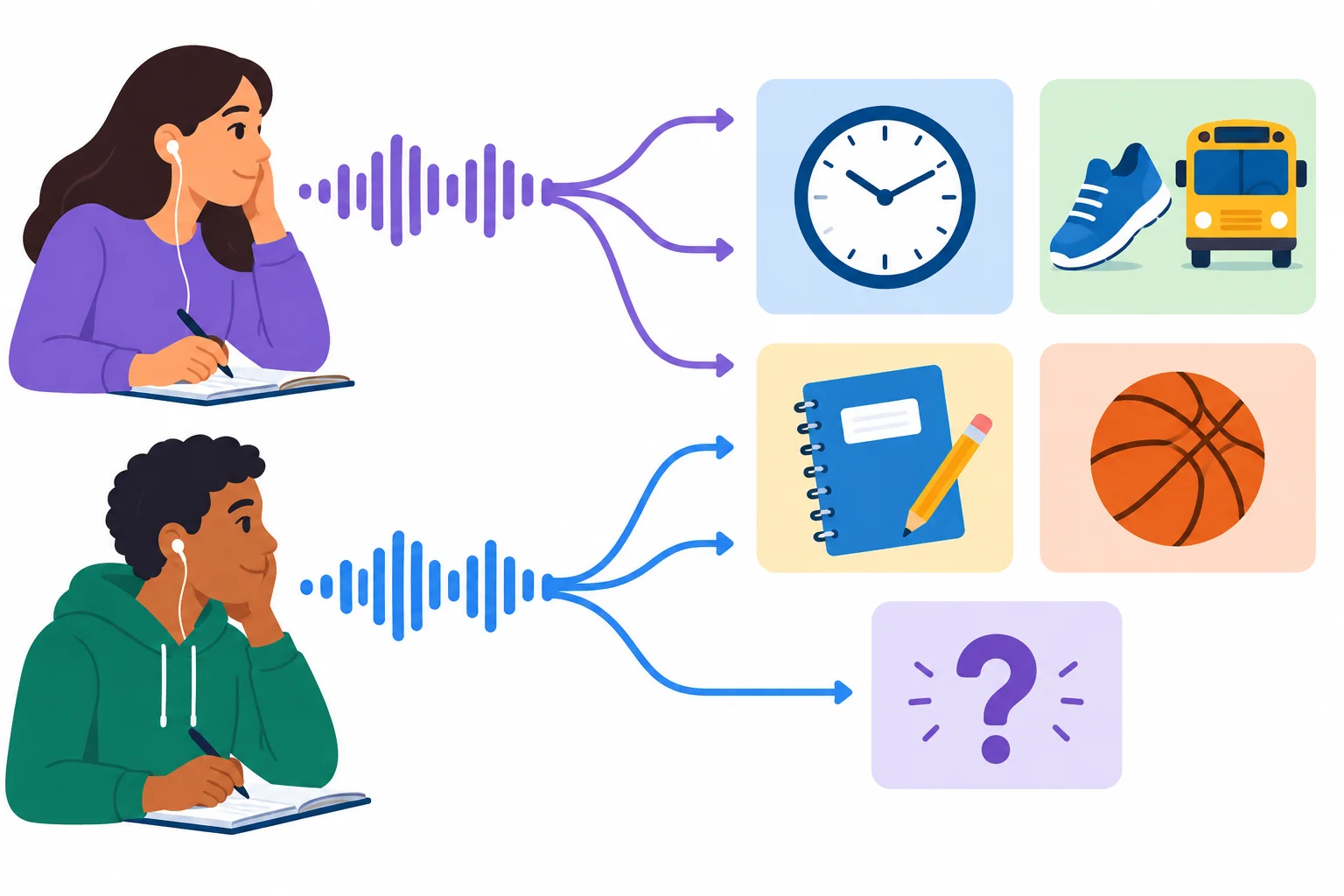 Diagrama com duas pessoas, ondas de áudio e cartões visuais para atividade, horário, frequência e dúvida.