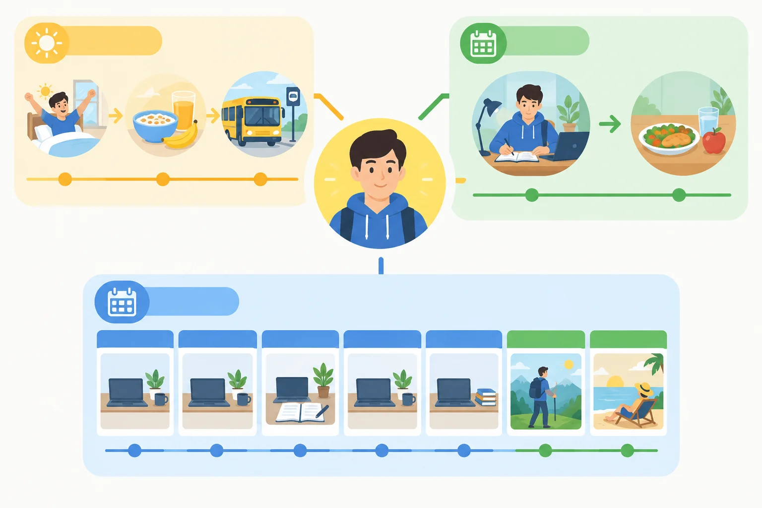 Diagrama de uma pessoa ligada a três recortes possíveis: manhã, dia habitual e semana.