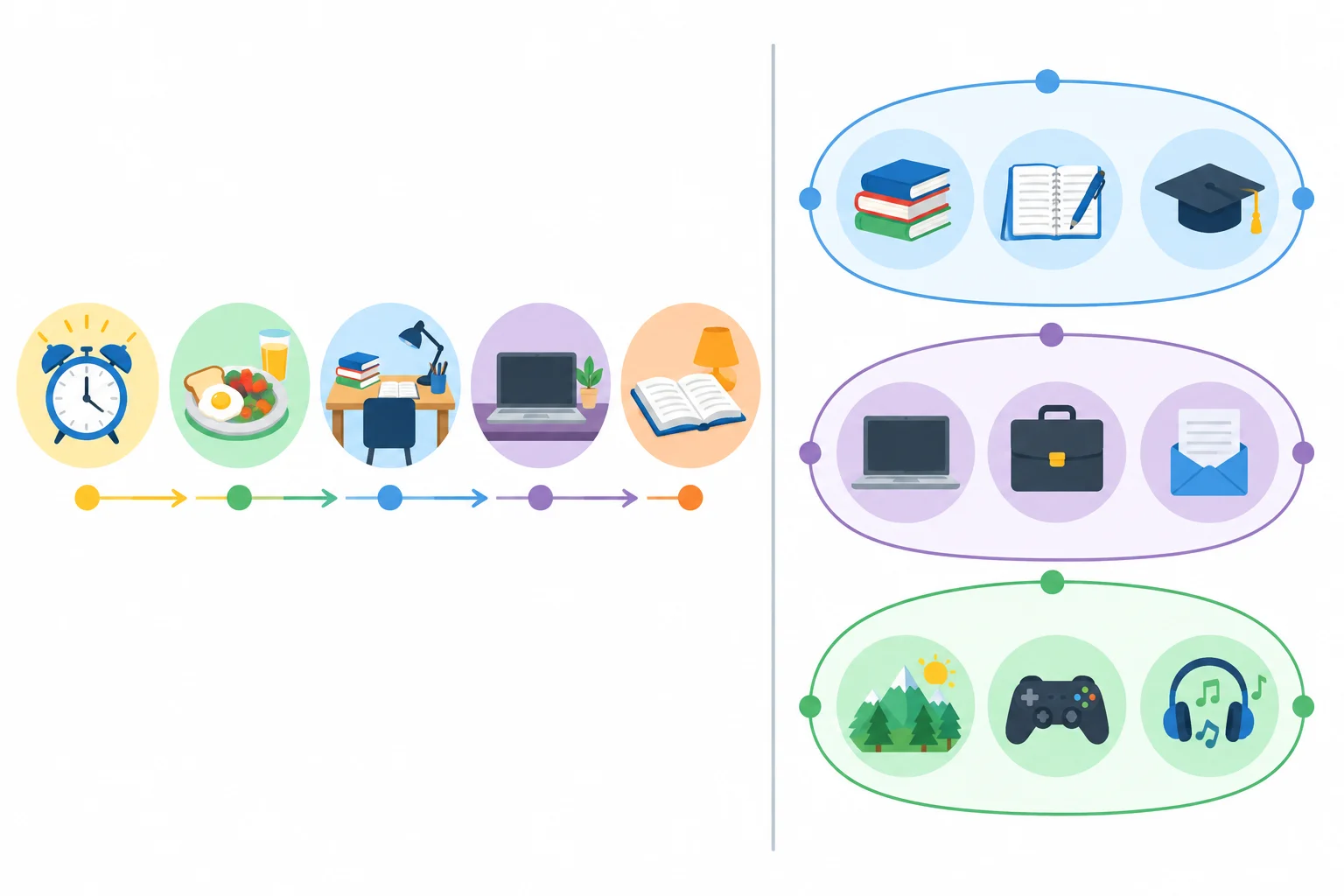 Comparação visual entre uma linha do tempo diária e três grupos de atividades: estudo, trabalho e lazer.