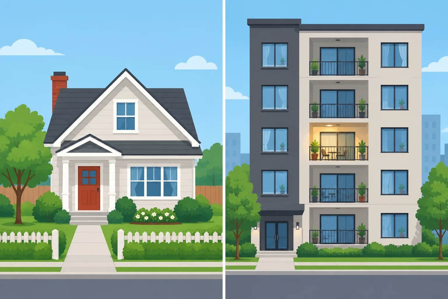 Comparação entre uma casa individual e um apartamento em um prédio.