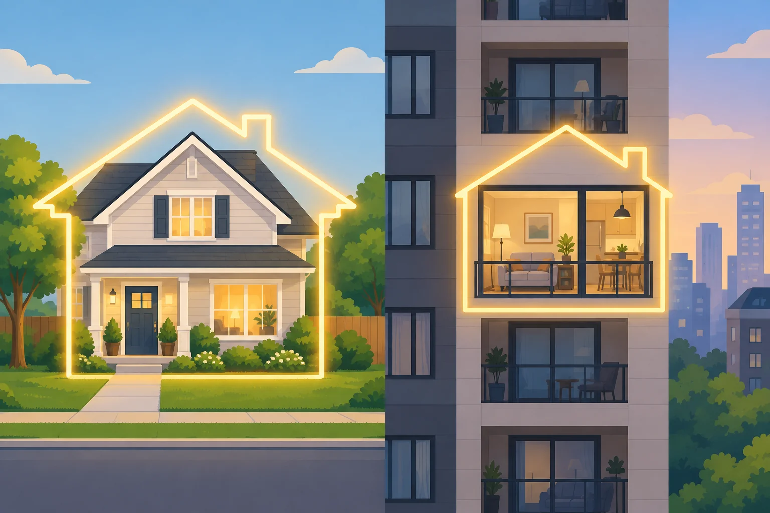 Uma casa e um apartamento, ambos destacados como lugares que podem ser o lar de alguém.