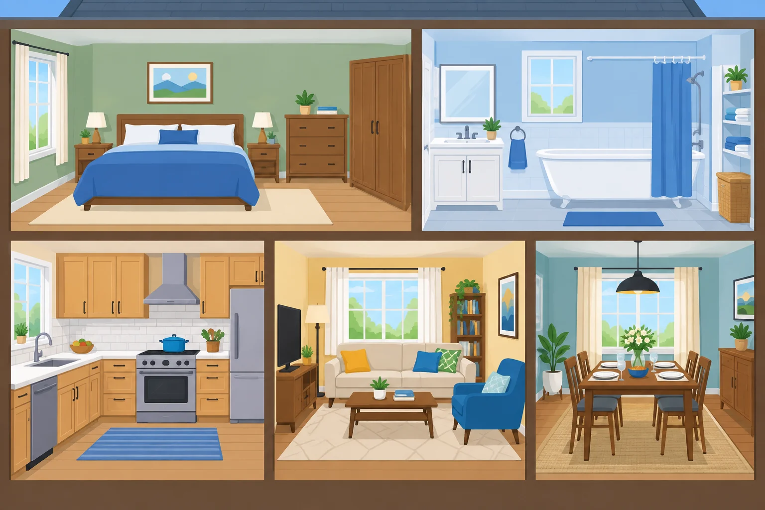 Ilustração com cinco ambientes domésticos diferentes: quarto, banheiro, cozinha, sala de estar e sala de jantar.