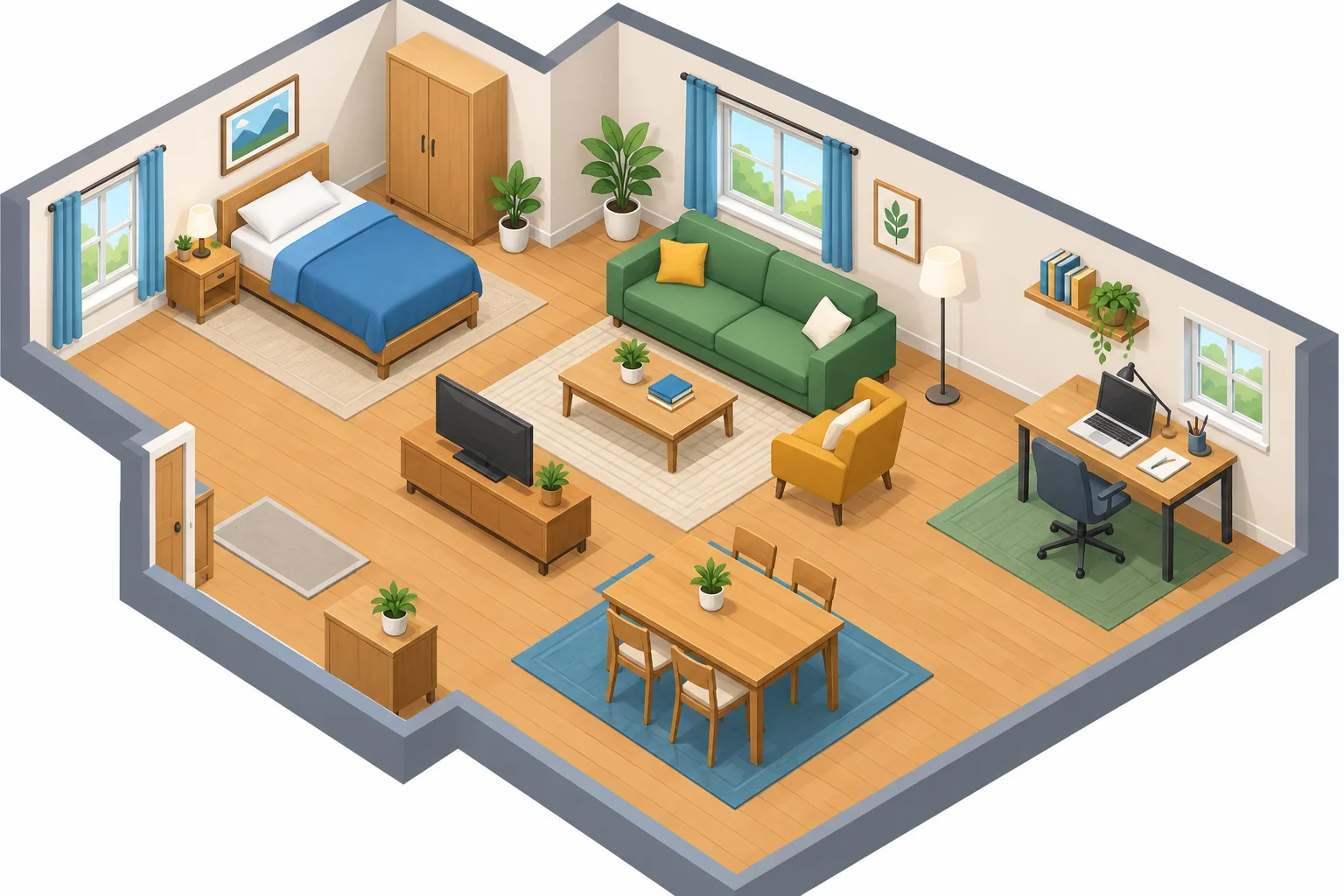 Ilustração de uma casa com cama, sofá, cadeira, mesa de refeições e escrivaninha em áreas diferentes.