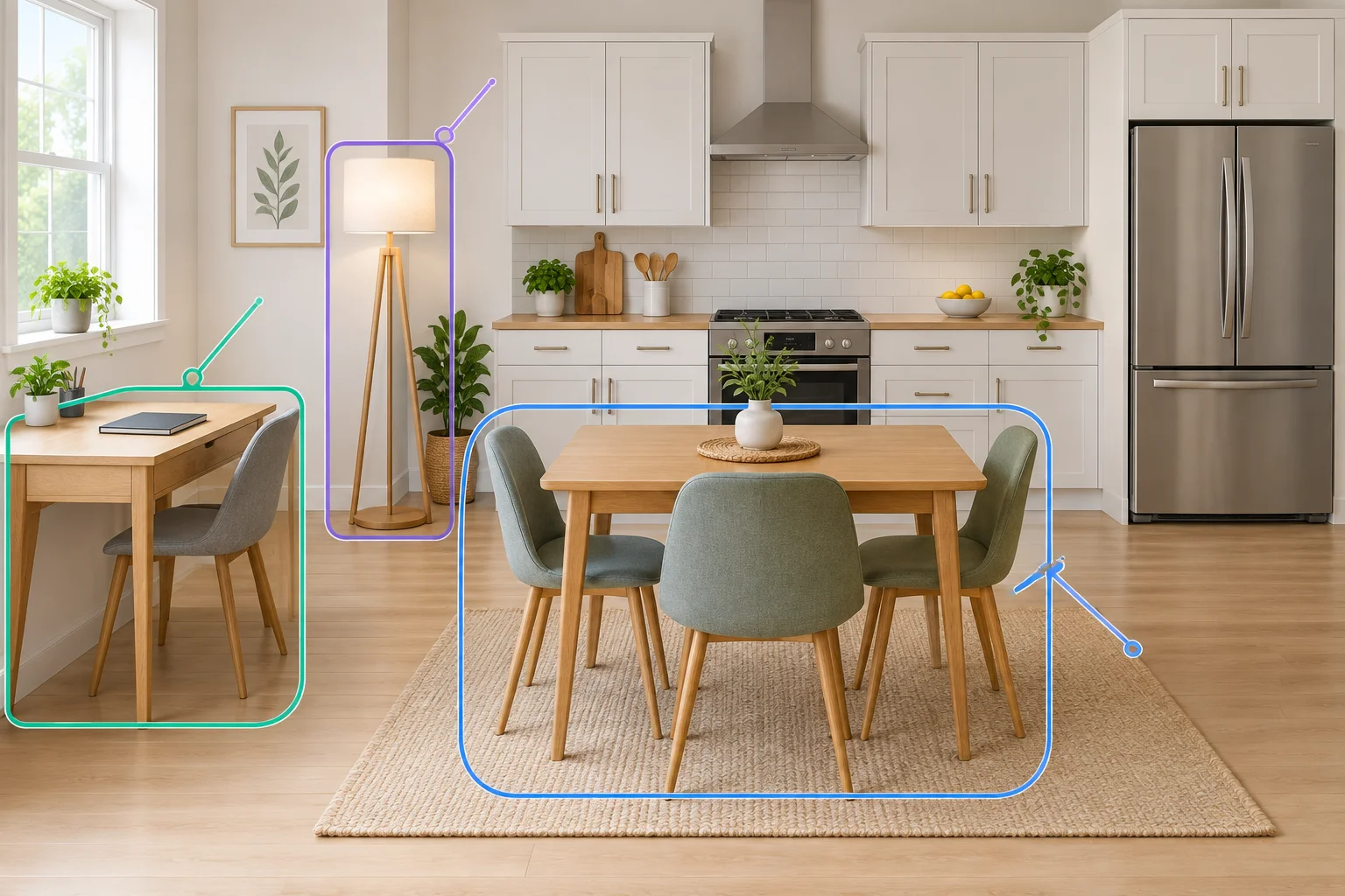 Ilustração de uma cozinha com uma escrivaninha, uma luminária e várias cadeiras destacadas por contornos coloridos.