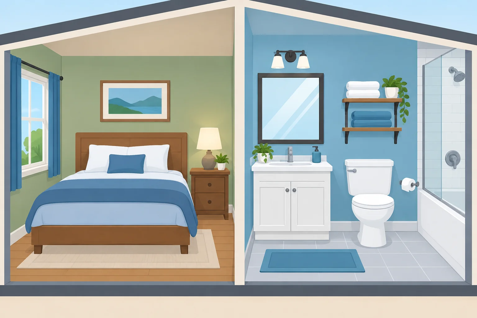 Comparação entre um quarto com cama e um banheiro com pia e vaso sanitário.