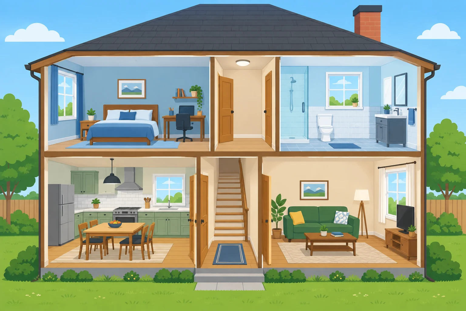 Ilustração em corte de uma casa com cozinha, sala de estar, quarto e banheiro; há cama, sofá, mesa, cadeiras, escrivaninha, portas, janela e luminária.