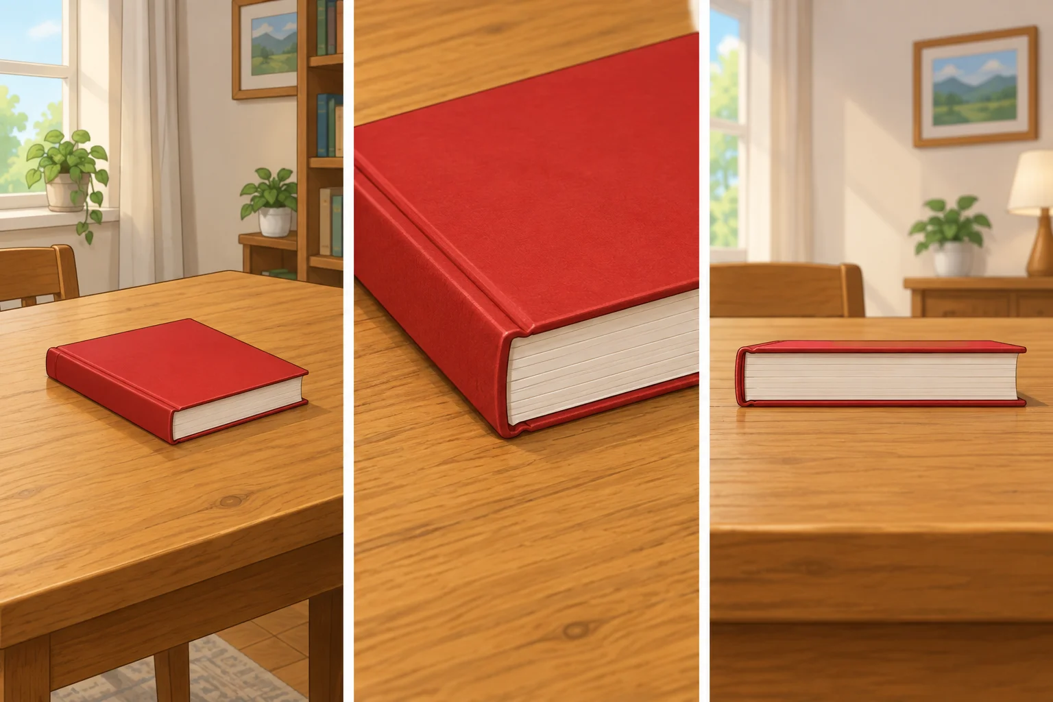Um livro vermelho apoiado diretamente sobre o tampo de uma mesa.