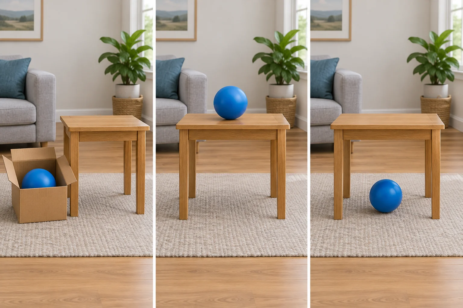 Uma bola em uma caixa, uma bola sobre uma mesa e uma bola embaixo de uma mesa.