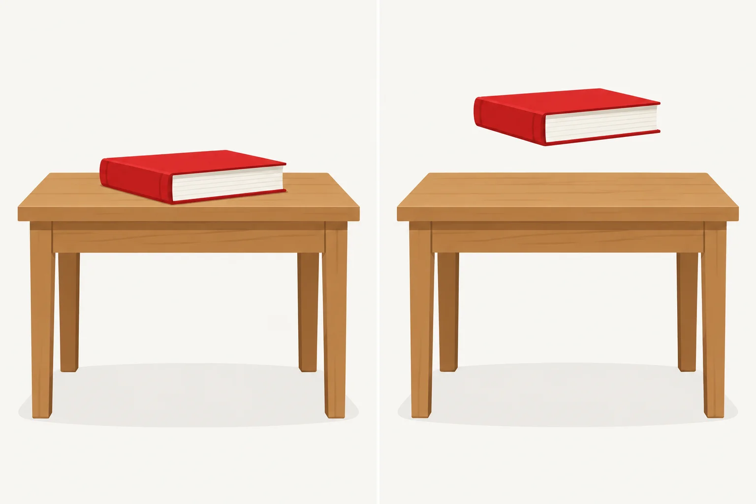À esquerda, um livro encosta na mesa; à direita, o livro flutua acima da mesa.