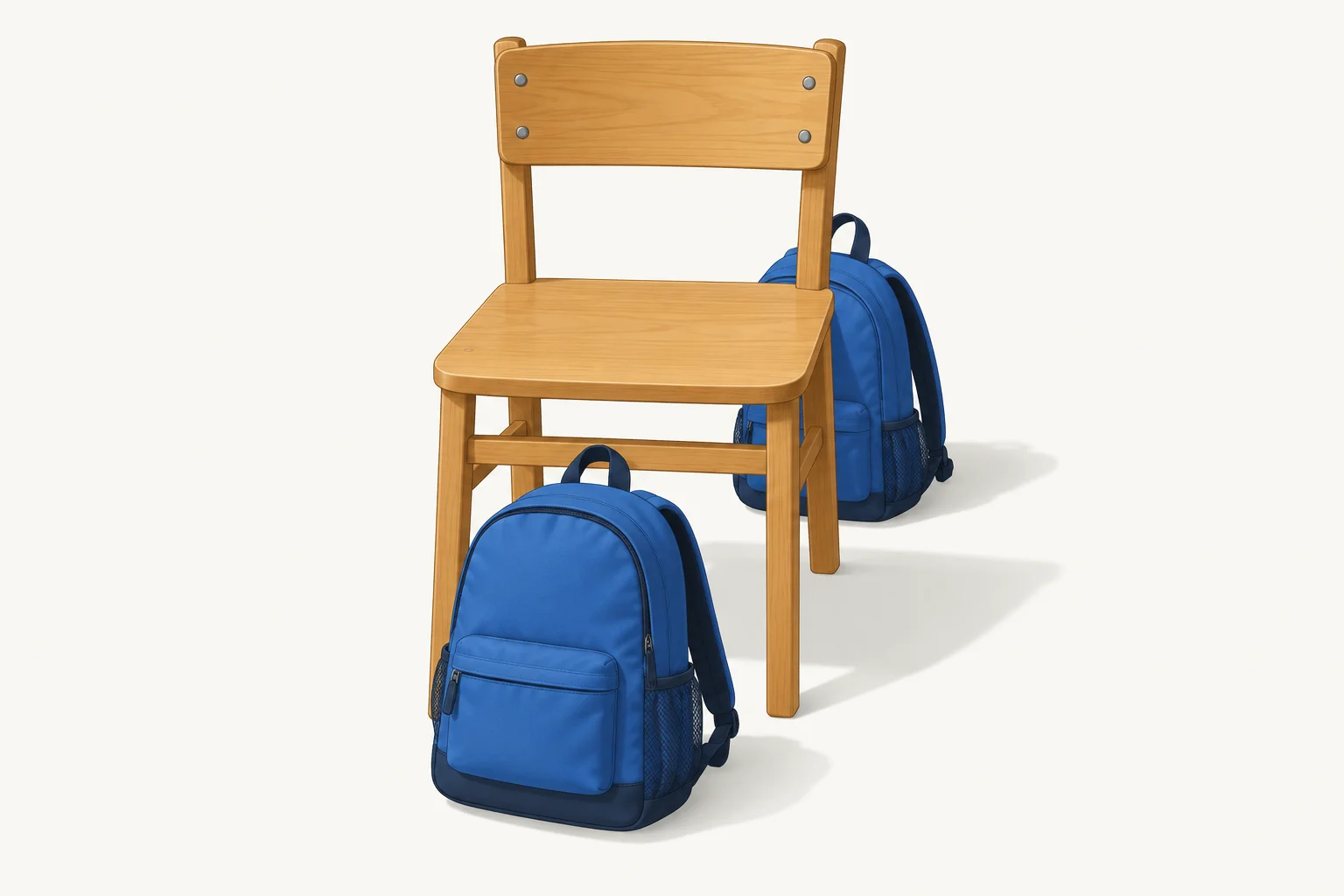 Uma cadeira vista de frente, com uma mochila à frente e outra parcialmente visível atrás.