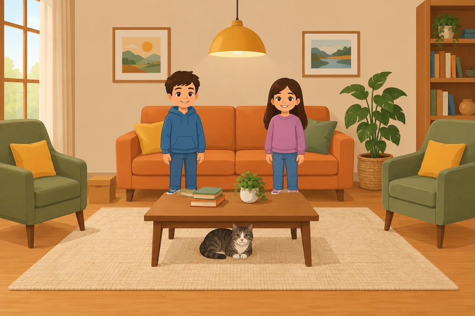 Sala com uma caixa entre duas poltronas, uma luminária acima da mesa, um gato embaixo da mesa e duas crianças à frente do sofá.