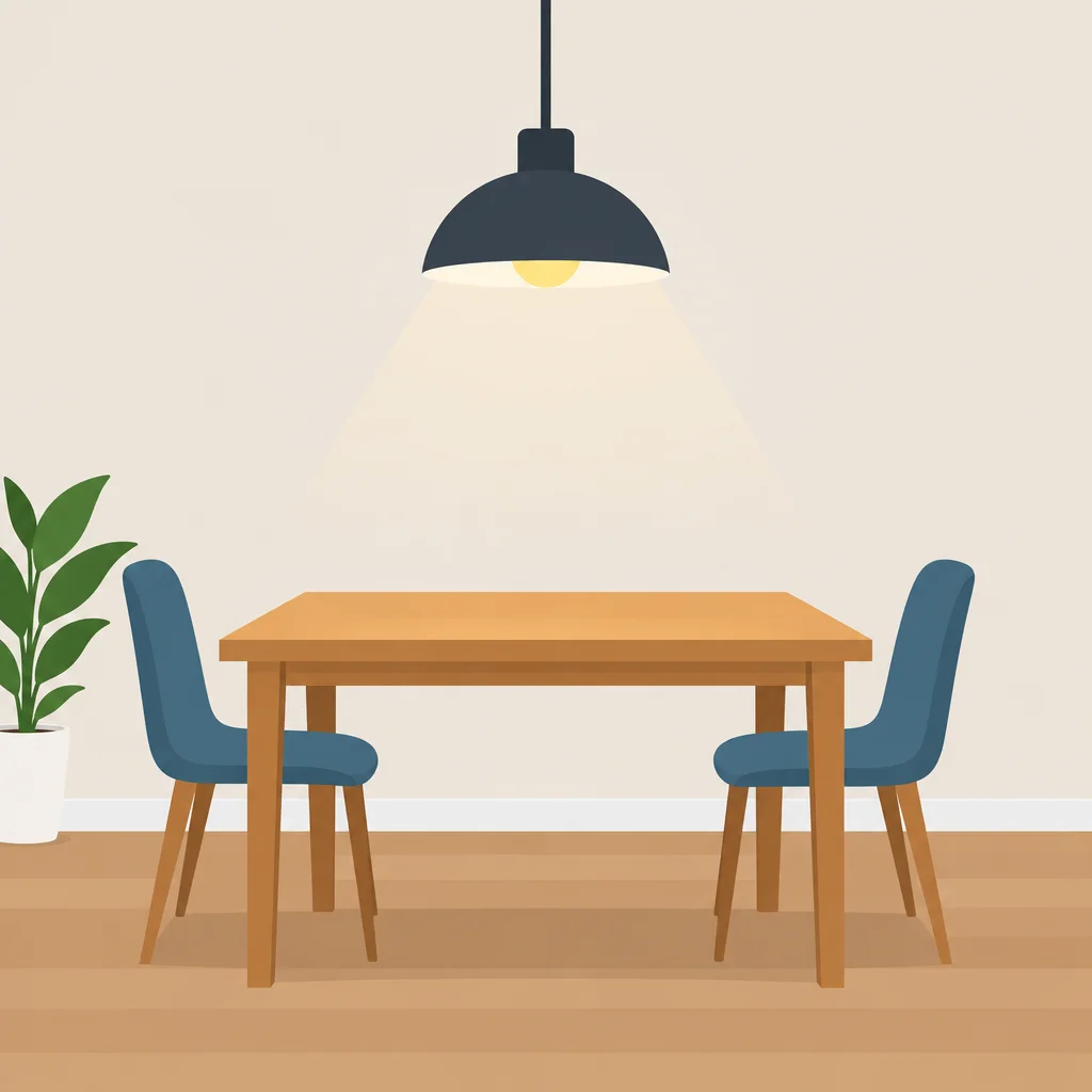 A luminária está acima da mesa, sem tocar nela.