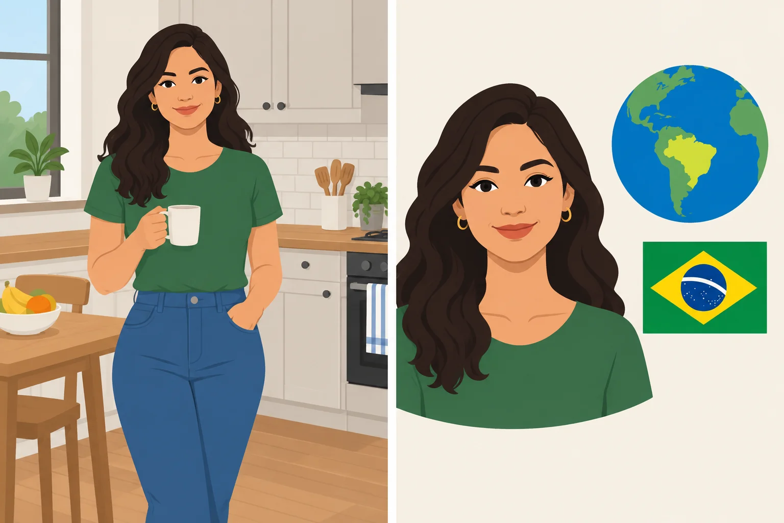 Comparação visual entre a localização atual de uma mulher em uma cozinha e sua origem no Brasil.