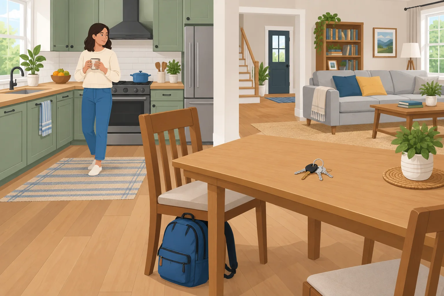 Uma mulher está na cozinha, uma mochila está embaixo de uma cadeira e chaves estão sobre uma mesa.