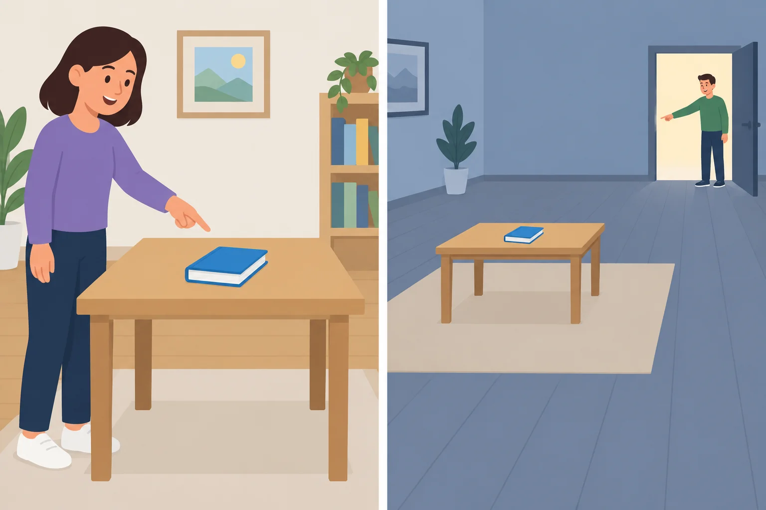 Um livro permanece na mesma mesa. Em um quadro, a pessoa que fala está perto dele; no outro, a pessoa que fala está longe.