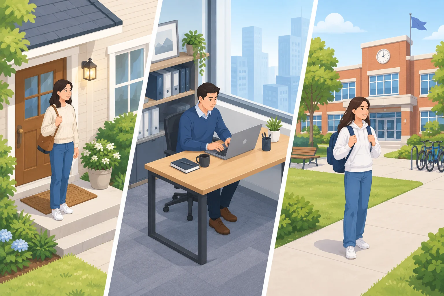 Ilustração com três contextos: uma casa, um local de trabalho e uma escola.