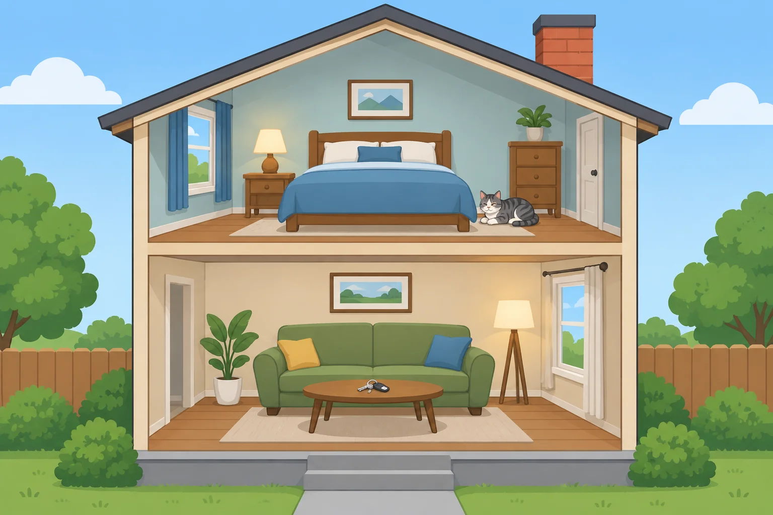 Ilustração em corte de uma casa com dois andares: quarto no andar de cima e sala no andar de baixo.