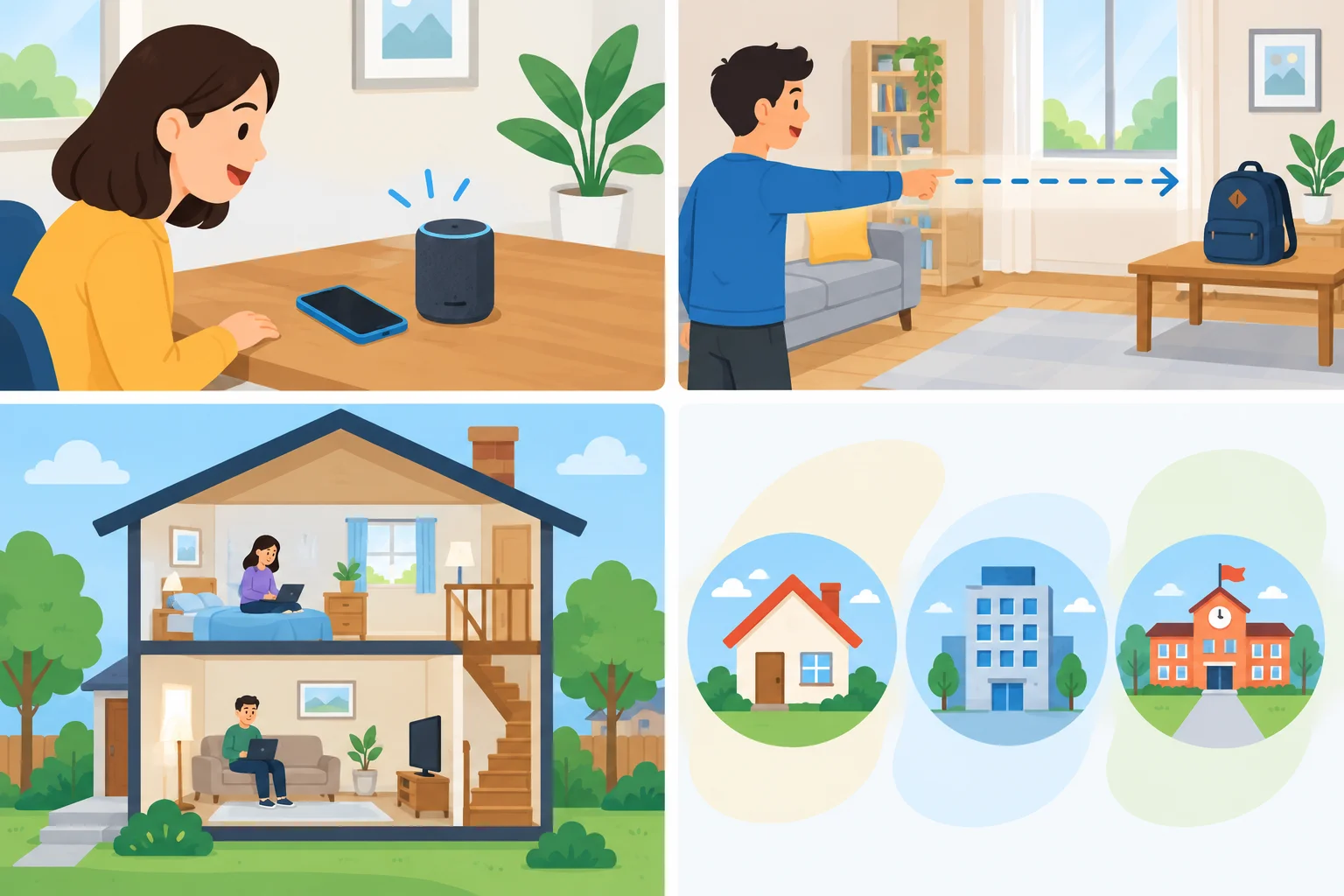 Quatro cenas mostram um objeto perto de quem fala, um objeto distante, uma casa com dois andares e contextos de casa, trabalho e escola.