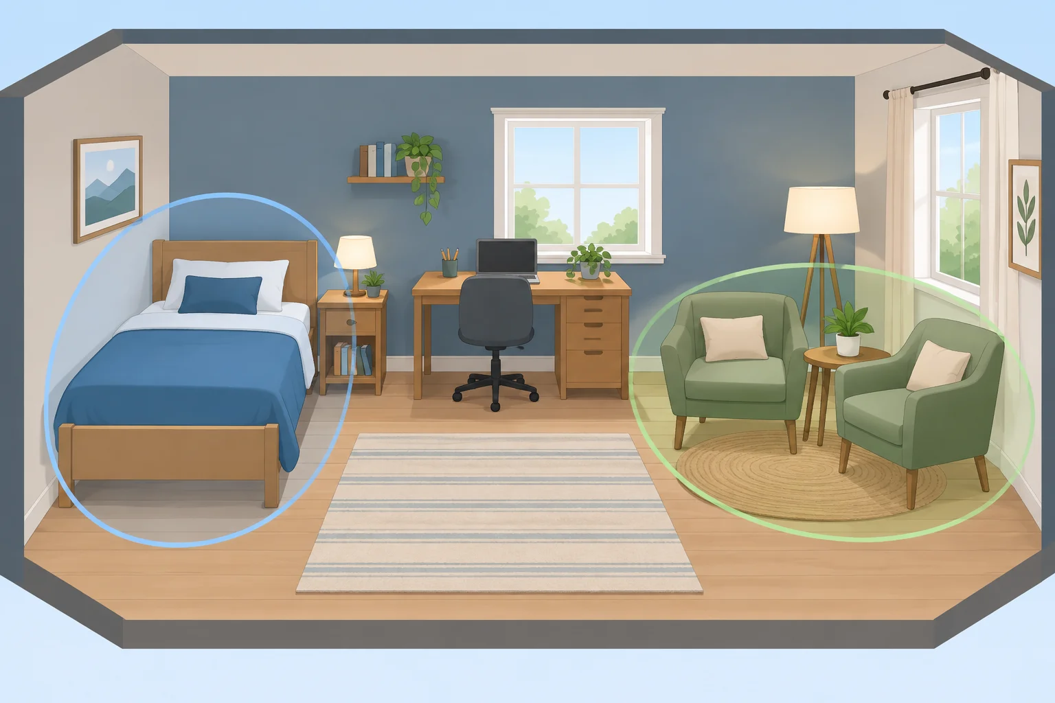 Ilustração de um quarto com uma cama e duas cadeiras, destacando um elemento único e um grupo de elementos.