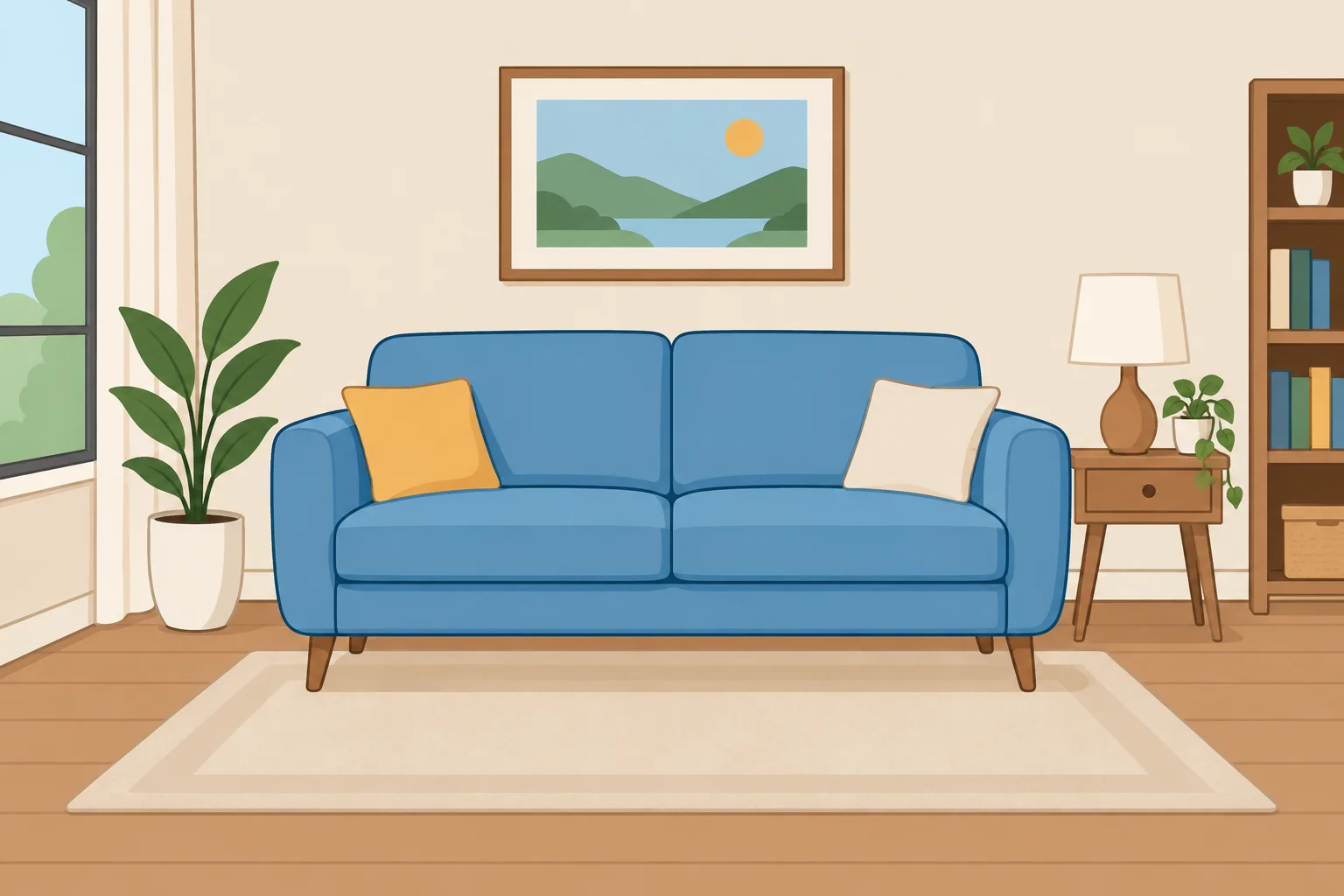 Ilustração de uma sala com um único sofá.