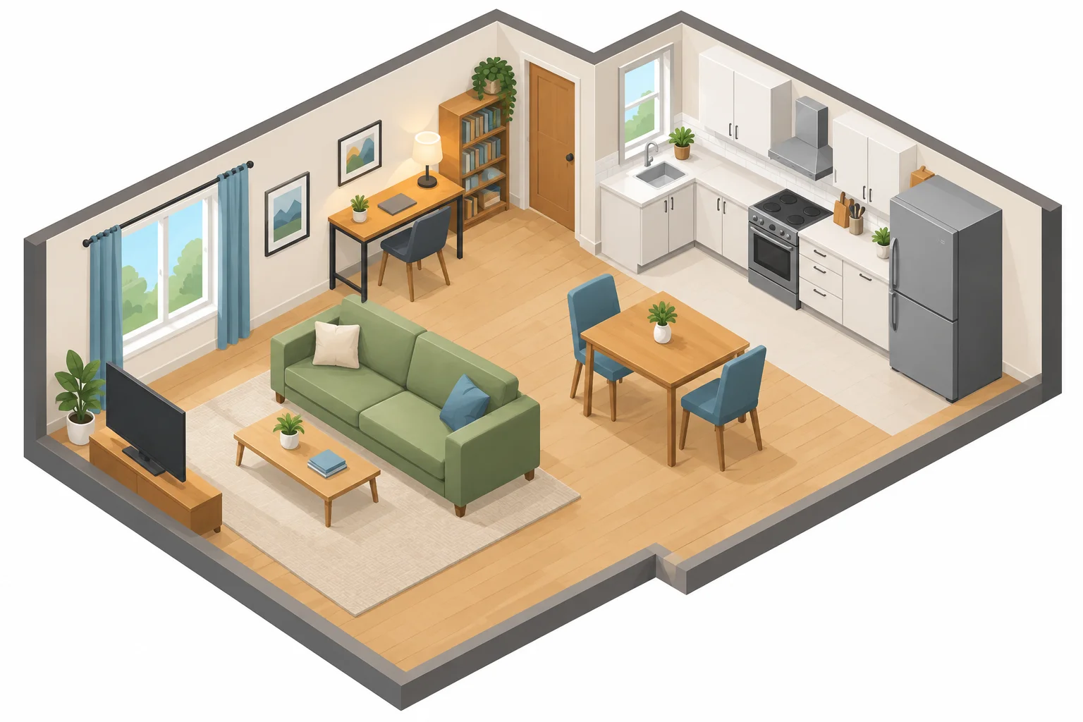 Ilustração de um apartamento com uma luminária sobre uma mesa de trabalho, duas cadeiras ao lado de uma mesa e um sofá na sala.