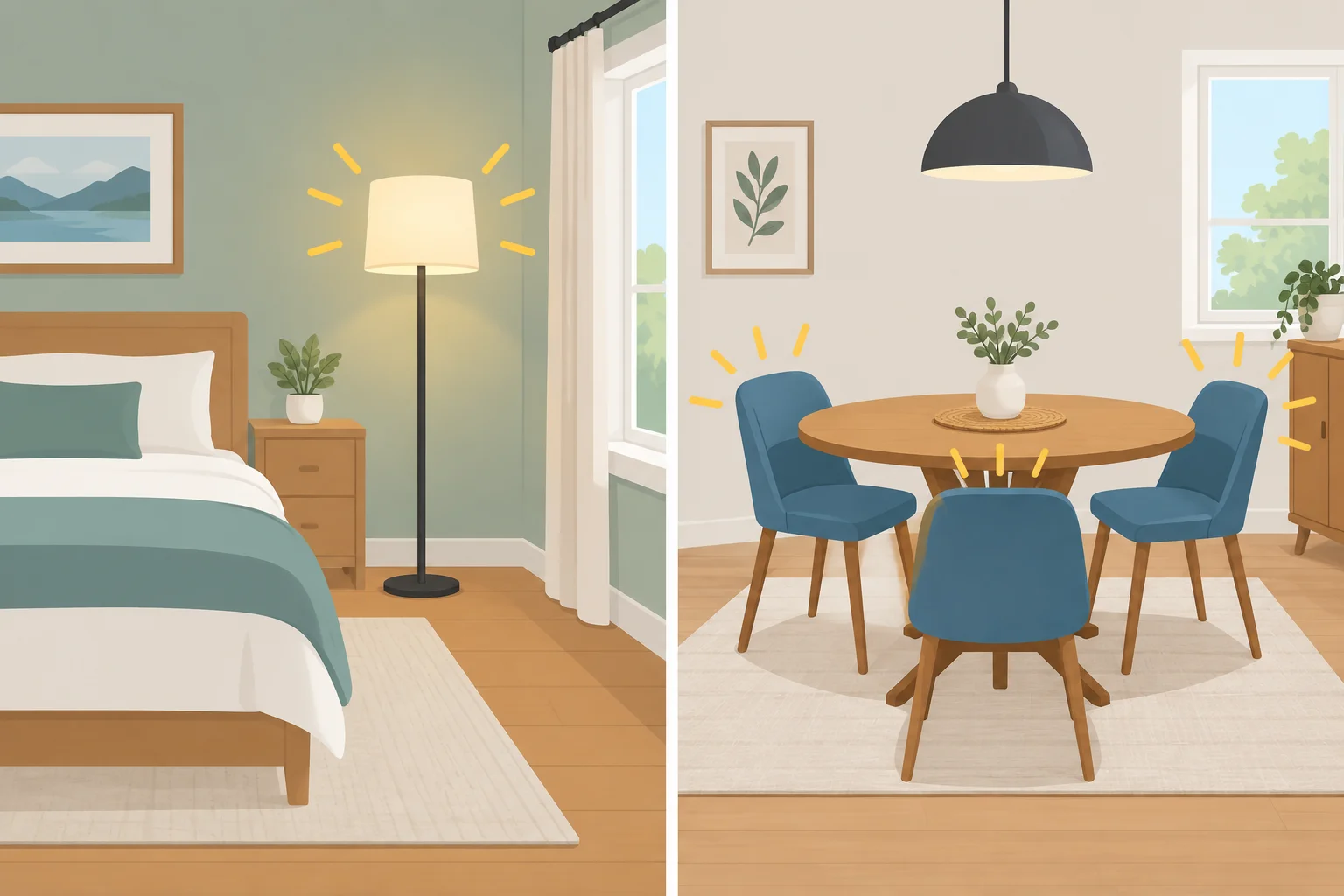 Uma lâmpada em um quarto de um lado e três cadeiras em volta de uma mesa do outro.