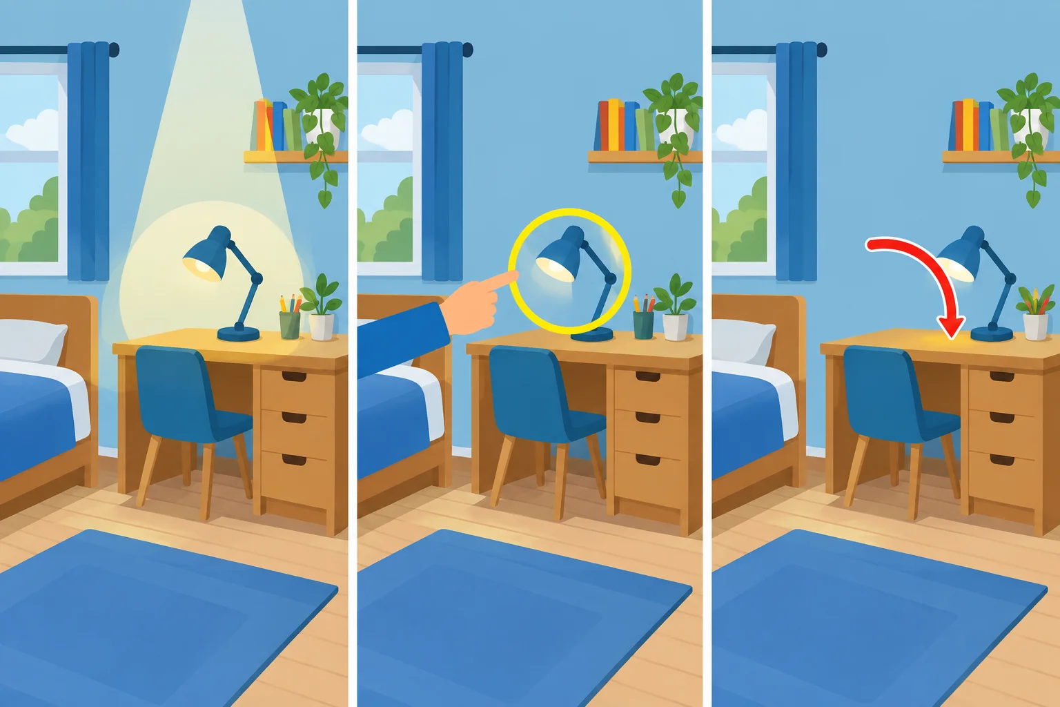 Ilustração em três partes: uma lâmpada é apresentada em um quarto, identificada e mostrada sobre uma mesa.