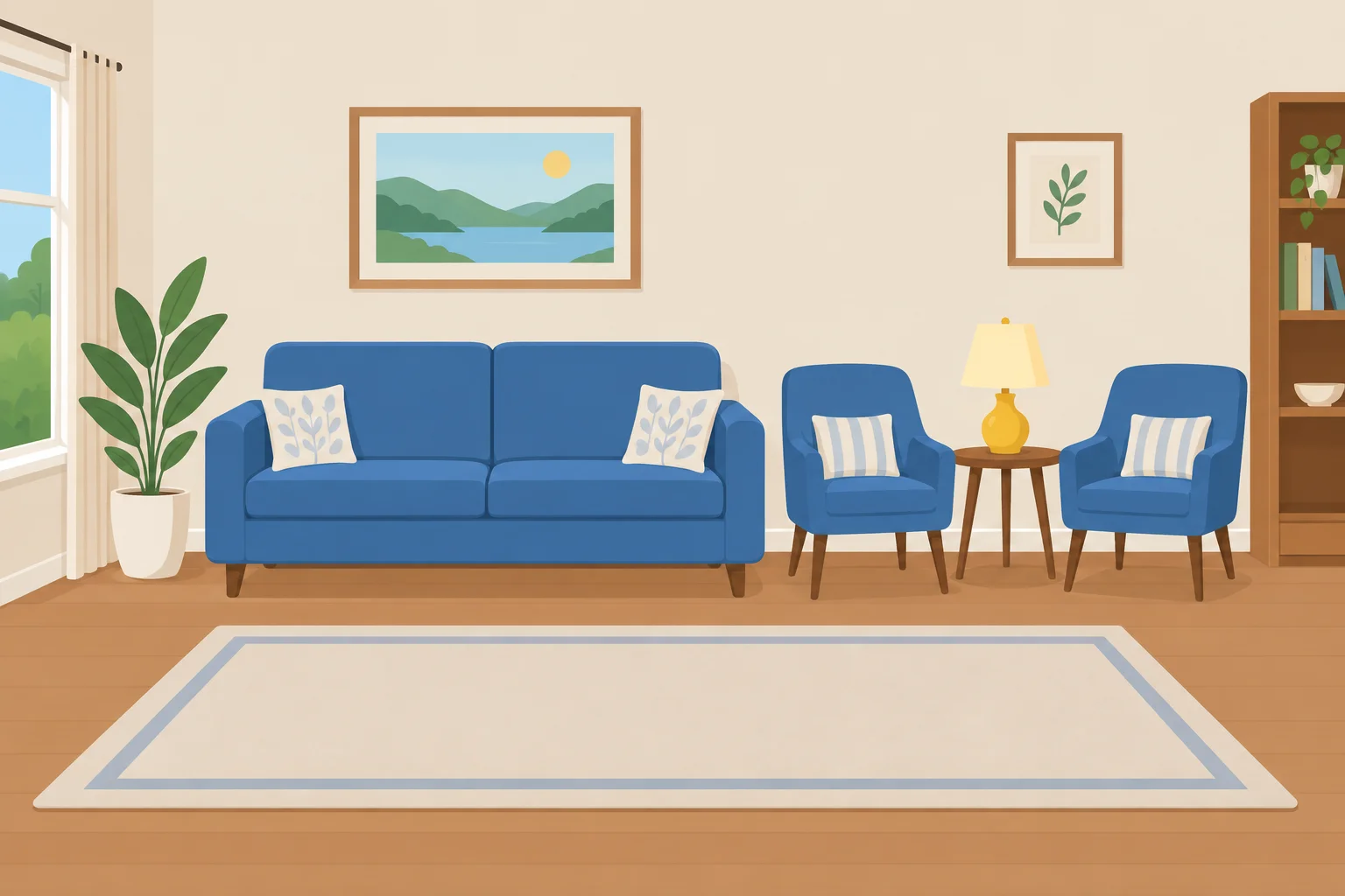 Sala com um sofá, uma mesa com uma luminária em cima e duas cadeiras ao lado da mesa.