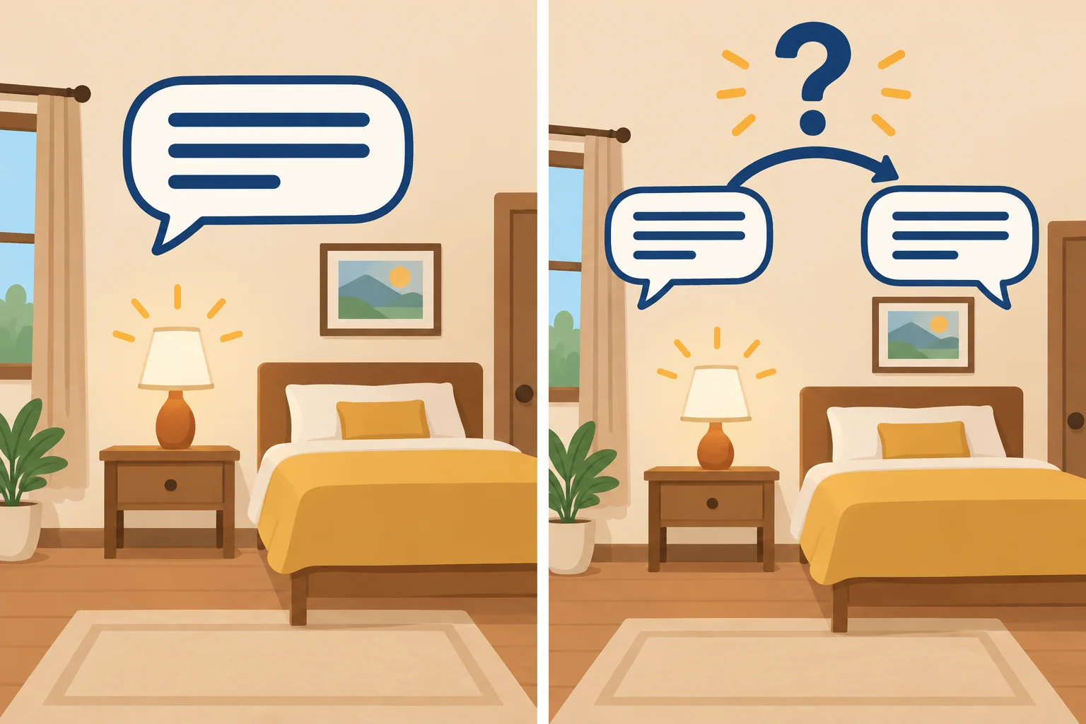 Diagrama de um quarto com uma luminária, comparando uma afirmação e uma pergunta sobre sua existência.