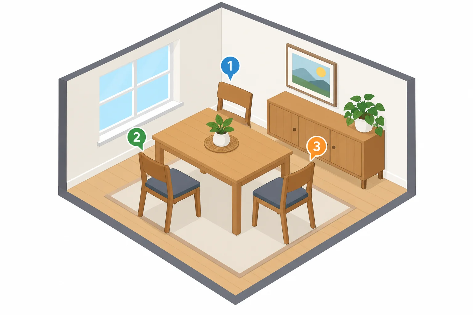 Ilustração de uma sala de jantar com uma mesa e três cadeiras.