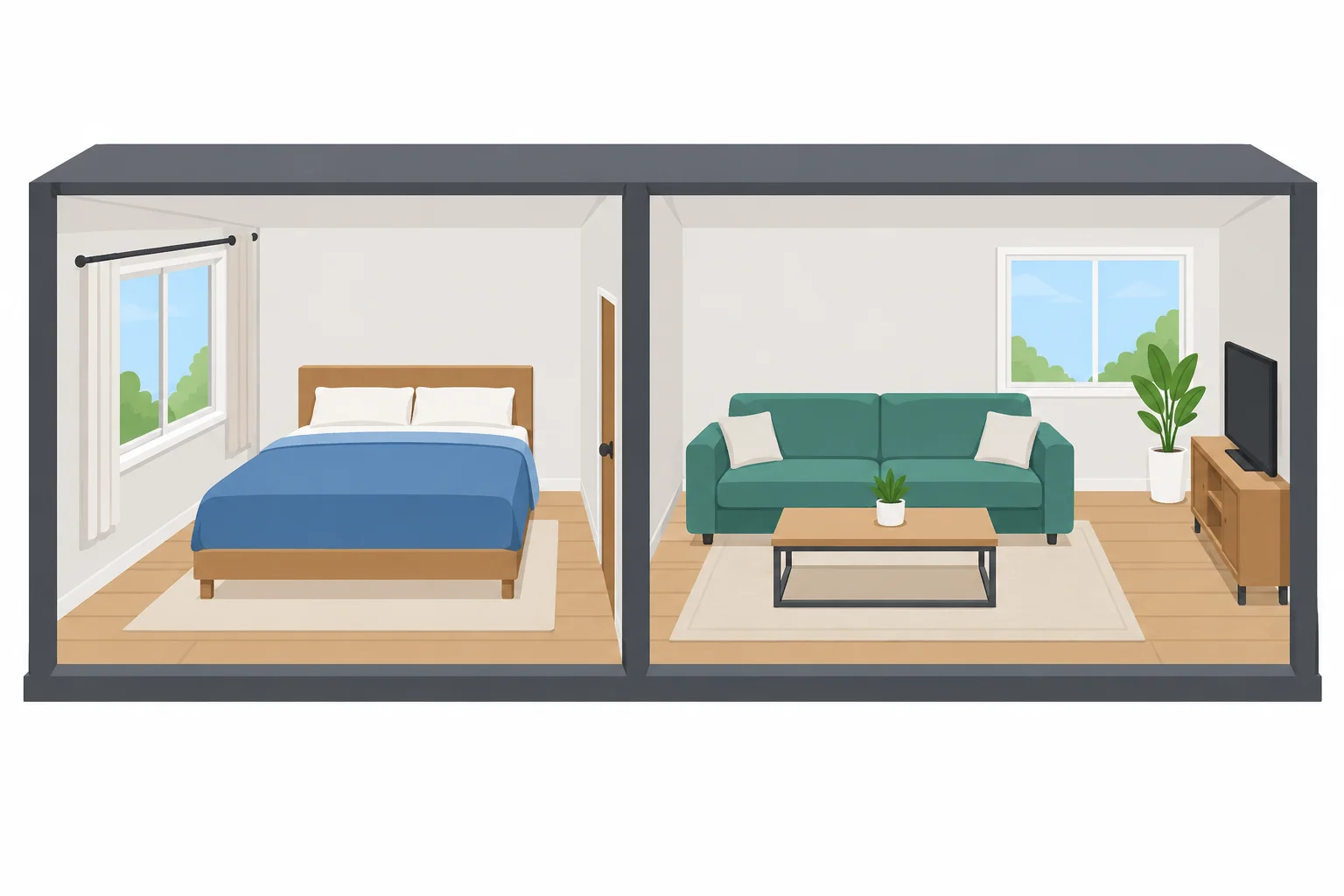 Dois cômodos: um quarto com cama e janela, sem luminária, e uma sala com sofá e mesa, sem poltrona.