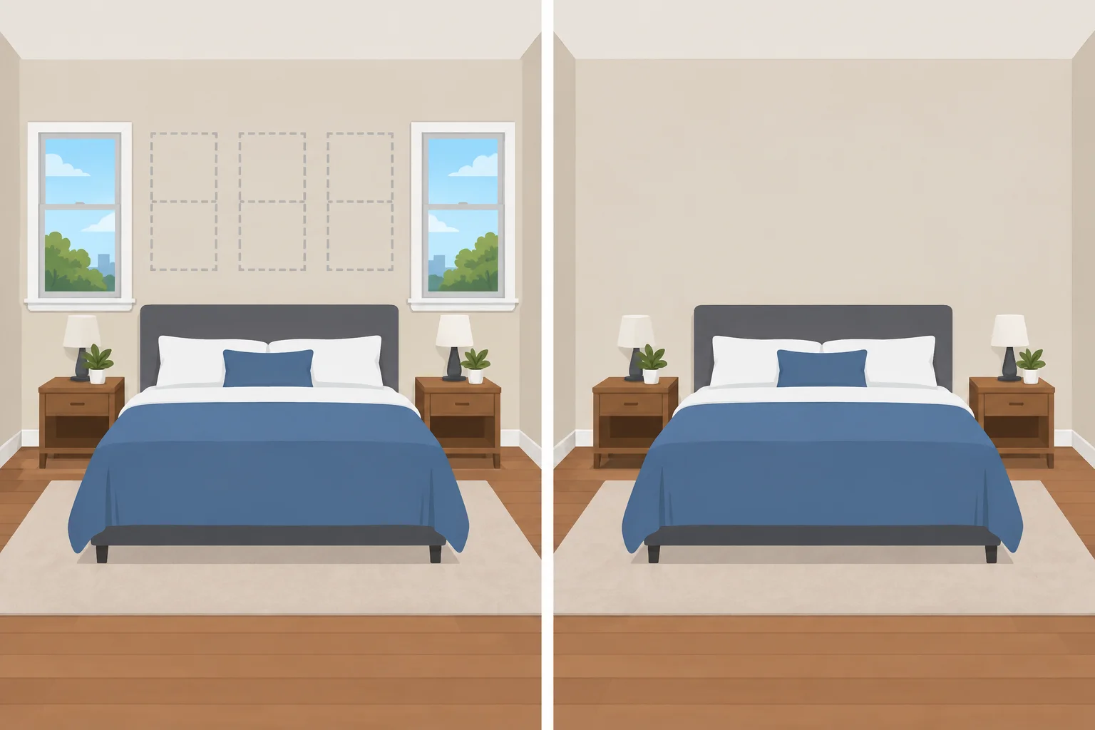 Comparação entre um quarto com duas janelas e um quarto sem janela.