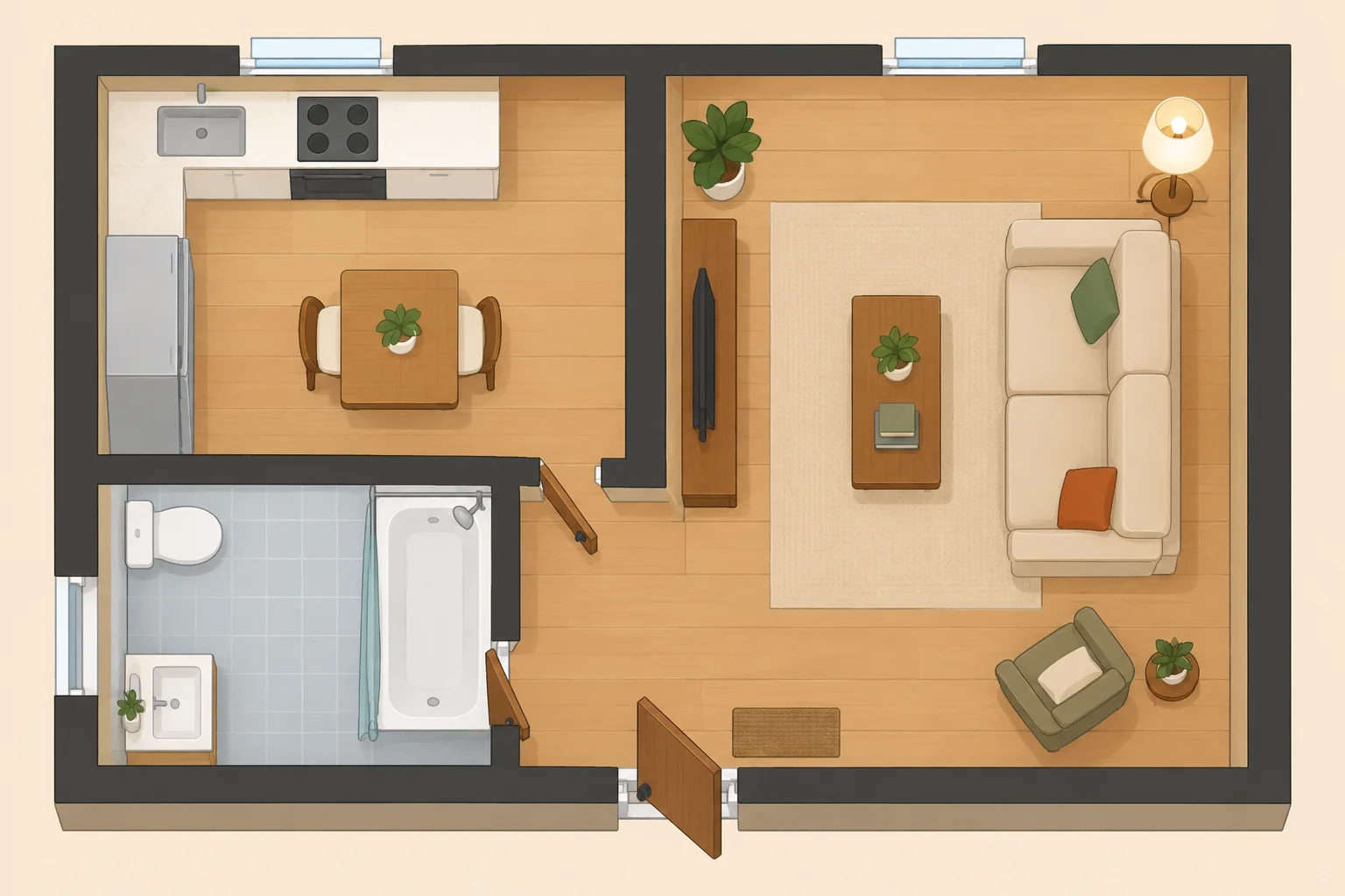 Planta ilustrada de um apartamento com kitchen, living room e bathroom; a kitchen tem uma mesa e duas cadeiras, e não há dining room.