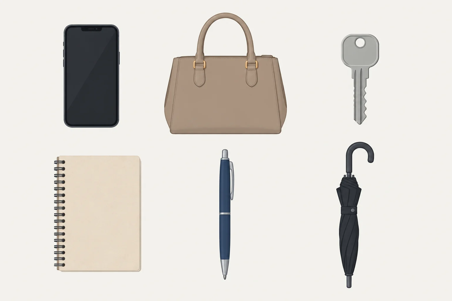 Seis objetos pessoais: celular, bolsa, chave, caderno, caneta e guarda-chuva.