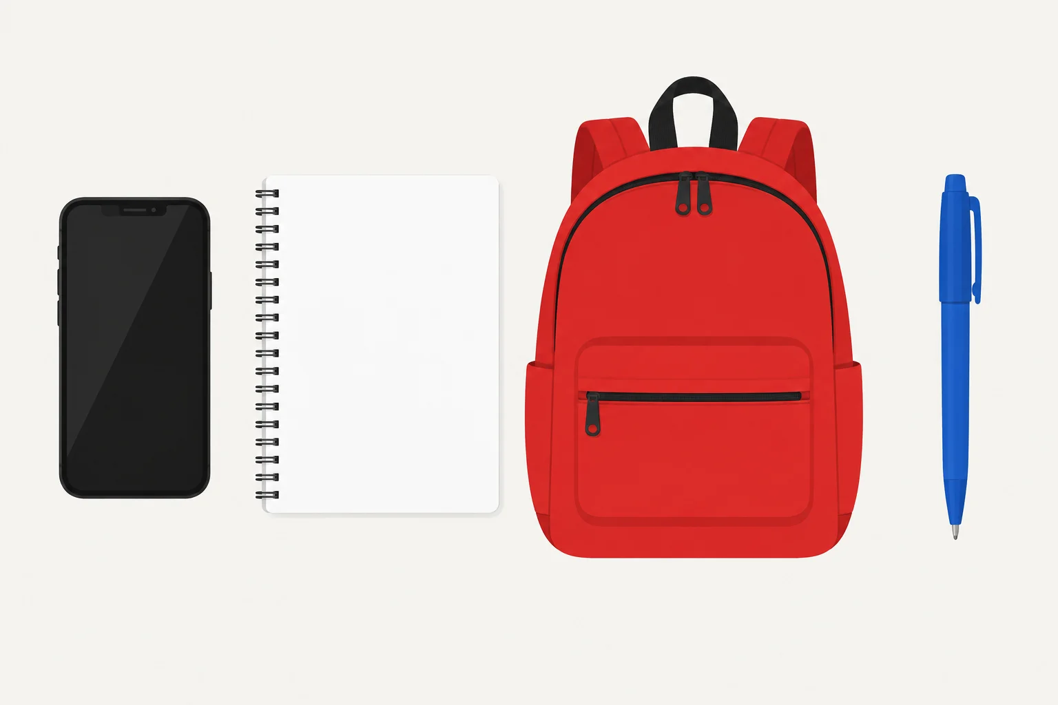 Um celular preto, um caderno branco, uma bolsa vermelha e uma caneta azul.