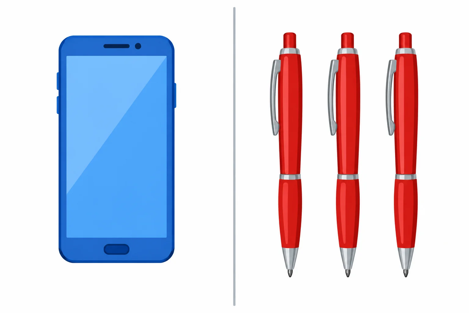 Um celular azul sozinho e três canetas vermelhas juntas.